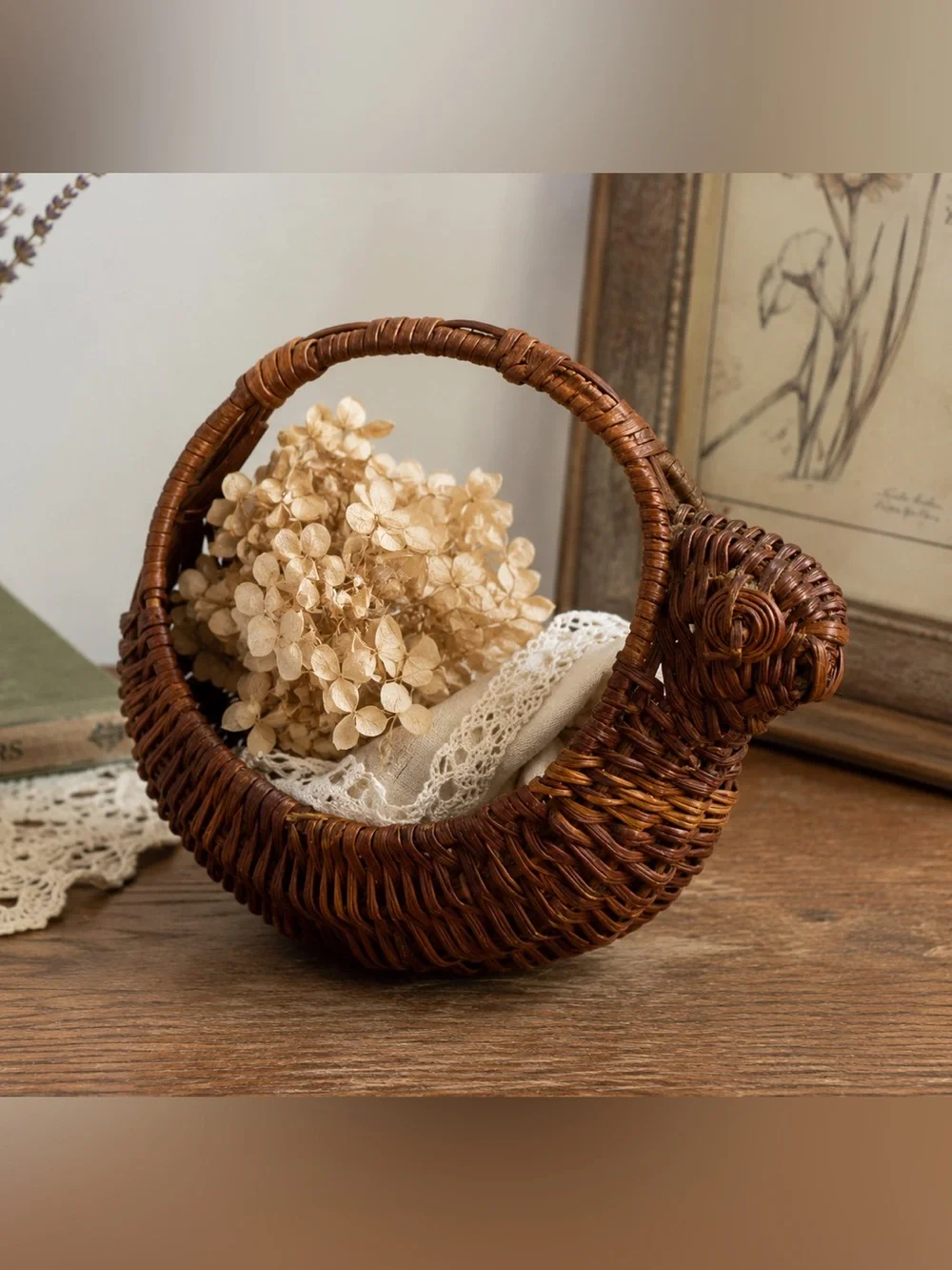 Vintage Wicker Swan Basket Rustic Boho Cottagecore Decor